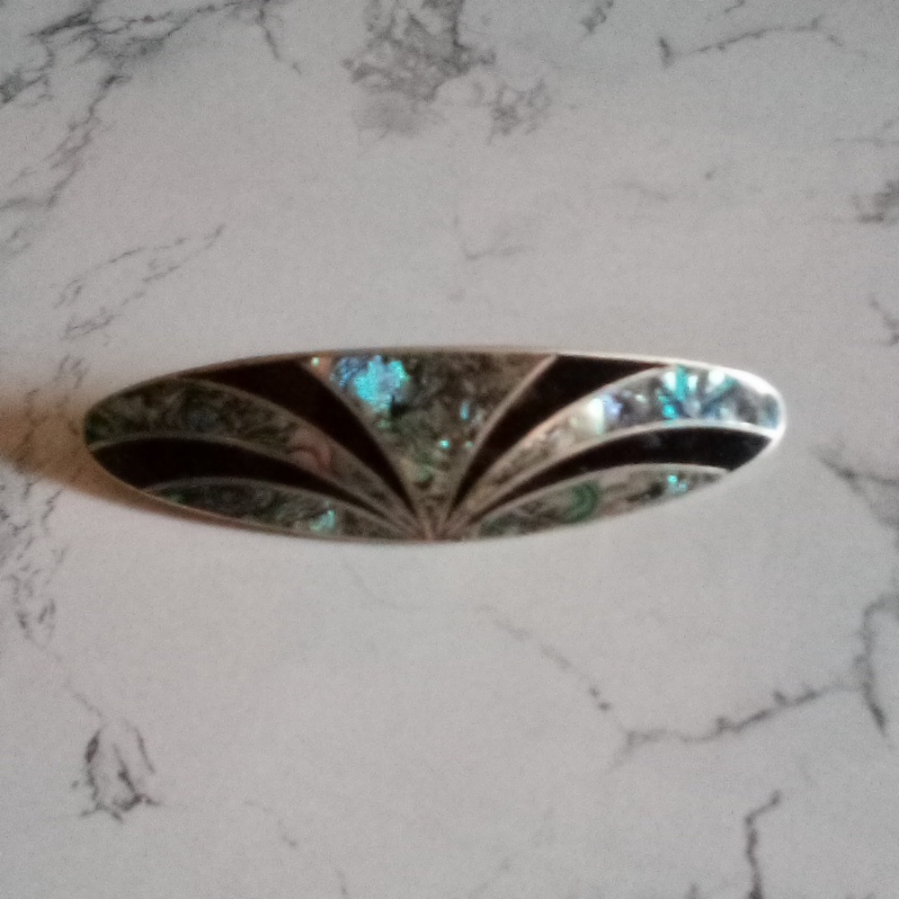 Vintage Alpaca Mexico Black Enamel and Abalone Inlay Barrette